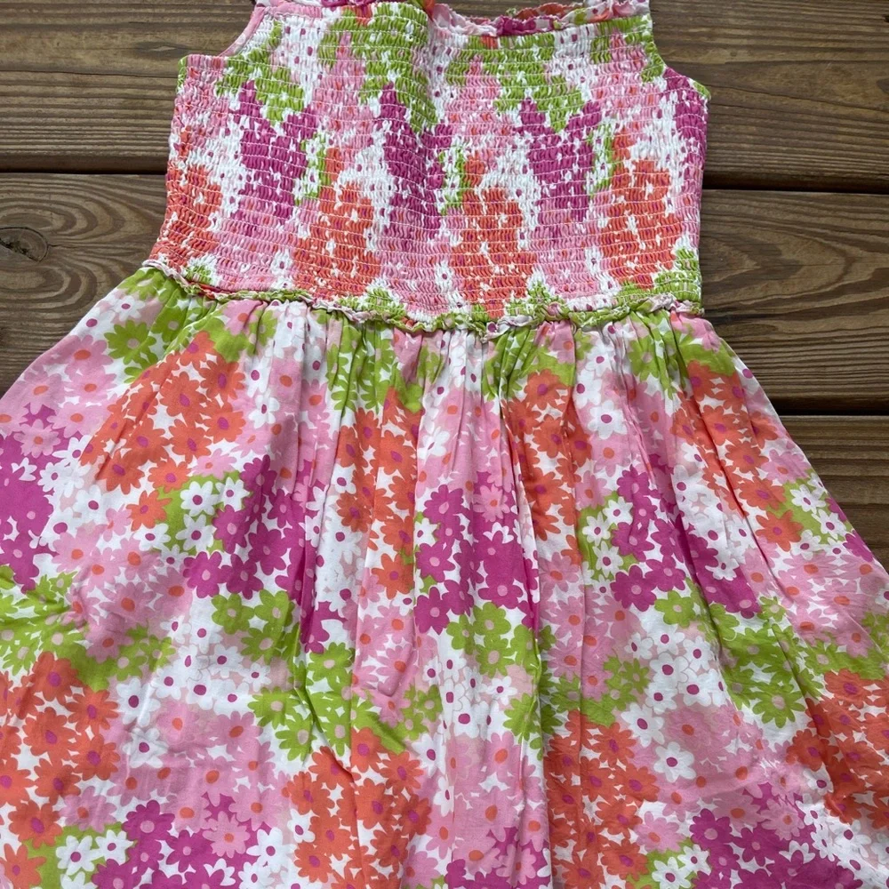 Boden Floral Smocked Dress Pink Green Tiered Sundress Girls 13-14Y